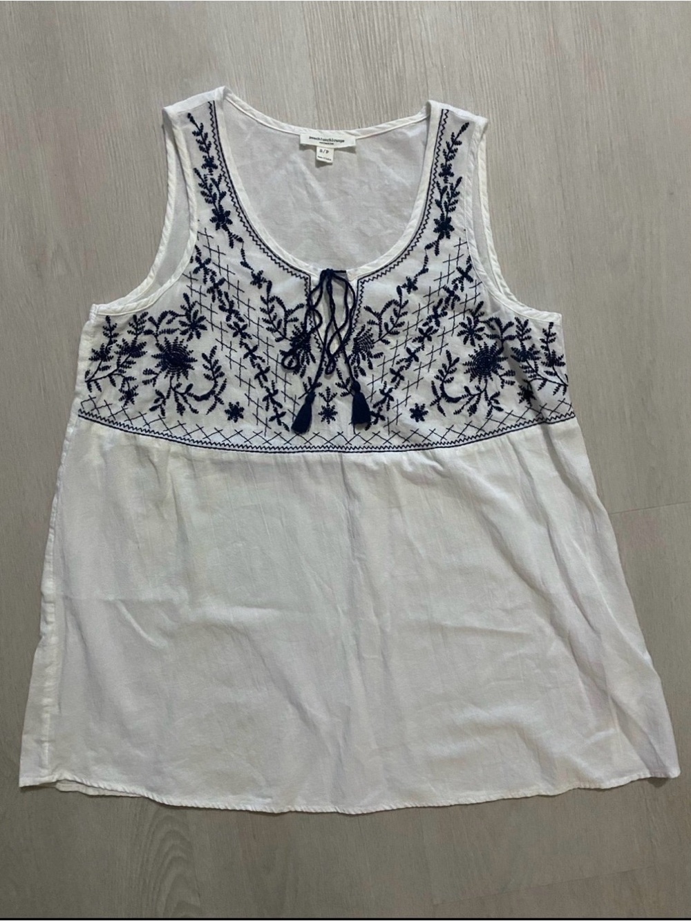 Beach Lunch Lounge 100% Cotton White Sleeveless Embroidered Tank